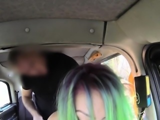 Colorful haired amateur bangs in fake taxi