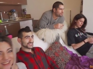 Sweet young cutie in the company of new friends blows dick and fucks on the couch