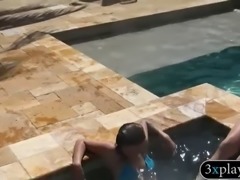 Three sweet babes show off ass and orgy in the pool