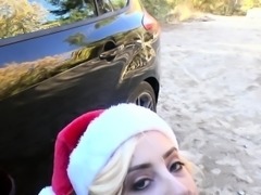 Blonde Santa teen fucks outdoors pov