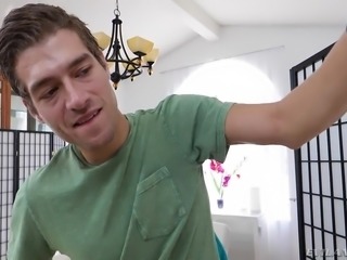 He will fuck this teen when his wife is in the kitchen cleaning. They were fucking and trying not to get caught, but they loved the thrill. "Be quiet and suck my dick. Don't make a sound or my wife will find out what we're doing. " He eats her out and spreads her legs wide before jack hammering her.