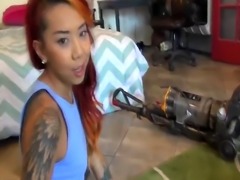 A very hot redhead Asian girlfriend enjoys wild pussy fucking with her