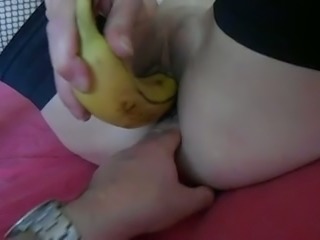 Lewd mature bitch used banana to tease her own hungry asshole