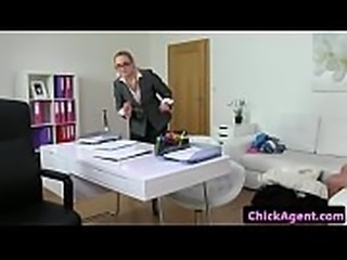 Stockinged milf agent sucking clients dick