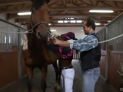 Insatiable brunette woman gets to ride a massive stallion's cock