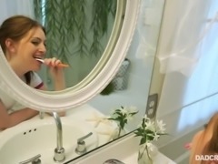 Wondrous hottie brushes teeth while being fucked from behind