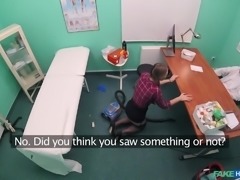 The orderly was vacuuming the doctor's office, but she had a different goal in her mind. All she really wanted to do was suck the doctor's huge dick. She crawled under the table and got exactly what she wanted.