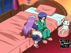 Handcuffed purple haired beauty gets teased by huge breasted hottie