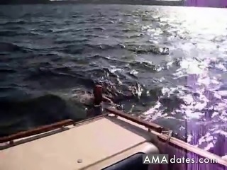 Nudist mature couple having sex on the boat