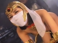 Sultry Oriental babe in a sexy costume gets fed a hard cock