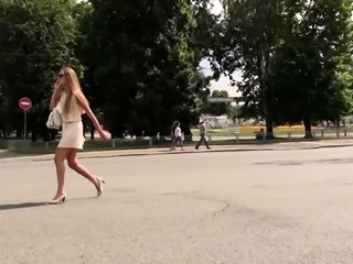 Astonishing European teen in white panties upskirt outside