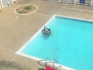 Couple fucking in public pool while I flash 2 women at hotel