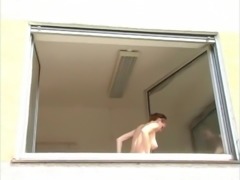 Busty German Teen Cleans Window with Her Big Boobs
