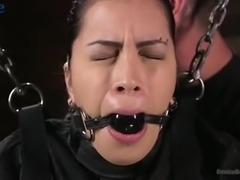 Obedient whore in straitjacket gets tied up and masturbated hard