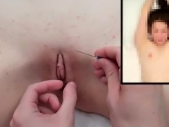 Kinky teen gets her shaved cunt sealed shut with needles