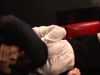 Japanese teacher works her furry slit with excitement