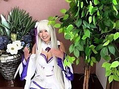 Asian cosplay teen with big boobs goes wild on a meat pole