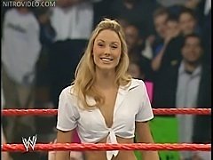 Wrestling babe Stacy Keibler shows off her panties spread eagle