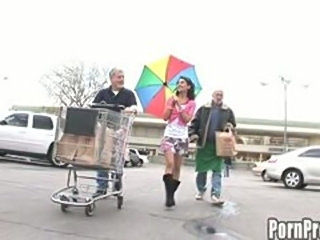 This hot young slut hooks up with two old bag-boys from local grocery store