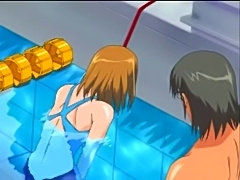 He takes his hentai slave to the pool