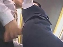 The most sexy busty stewardess gives handjob in bus