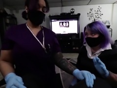 Masked nurses in stockings give a double footjob POV style