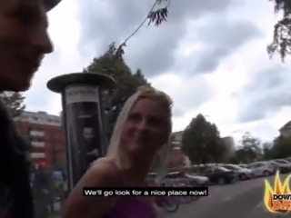 PublicSexDate - Sexy Blonde Dirty MILF Tina Swallows 2 Cocks Behind Public...