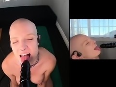 Bald headed babe deepthroating big black toy on webcam