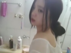 Cute Korean brunette girl taped her own just perfect solo in the bathroom