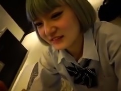 Naughty Japanese schoolgirl in uniform blows a cock in POV